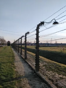 A high fence with barbed wire still stands today at Majdanek Concentration Camp