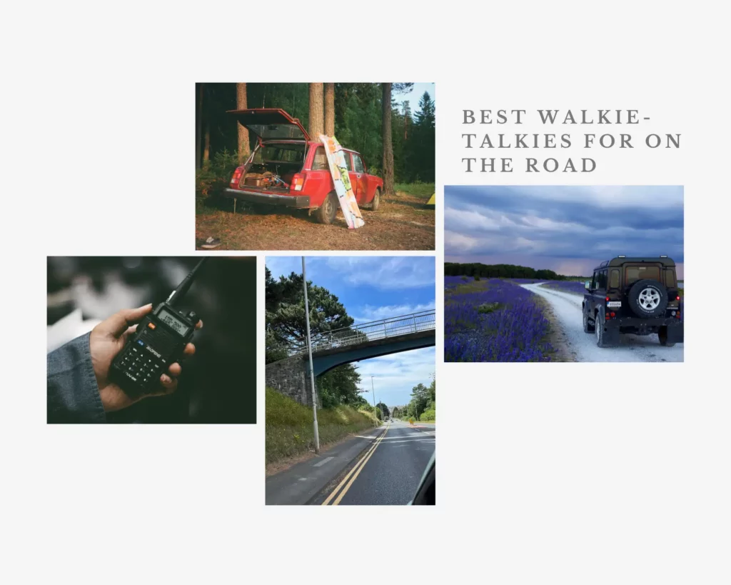 the best walkie talkies for road trips- black walkie talkie, cars on rural roads