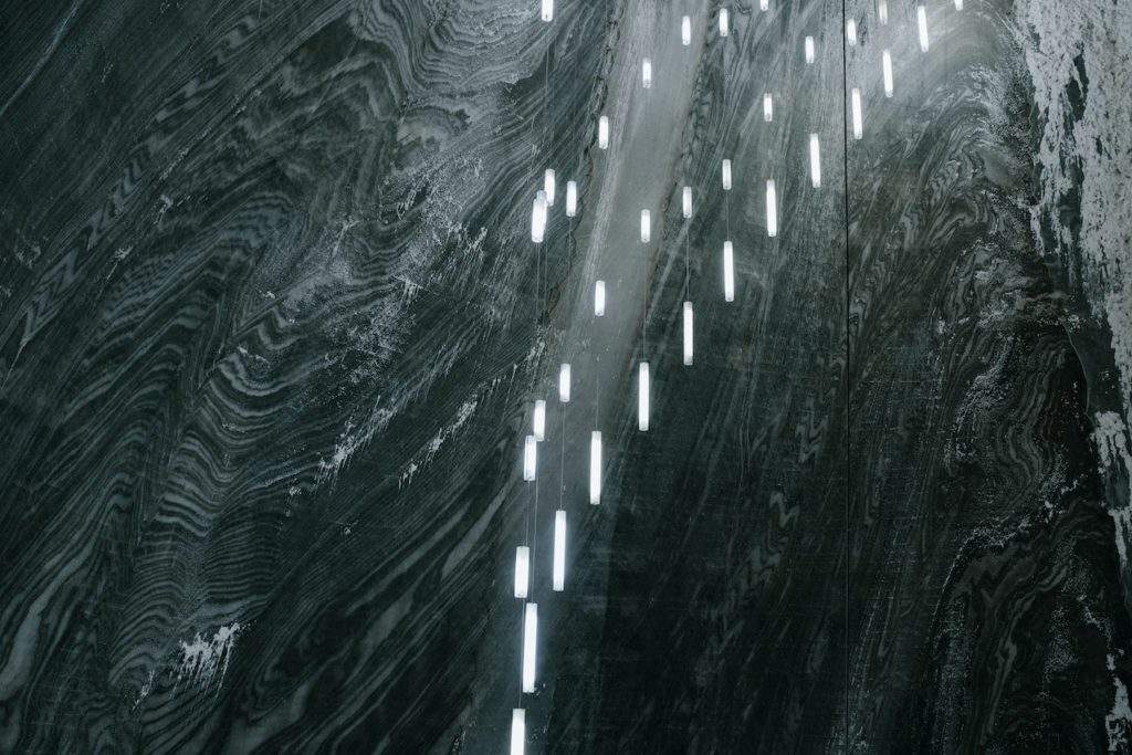 Wieliczka Salt Mine, lights, dark celling, Salt mine underground, Poland