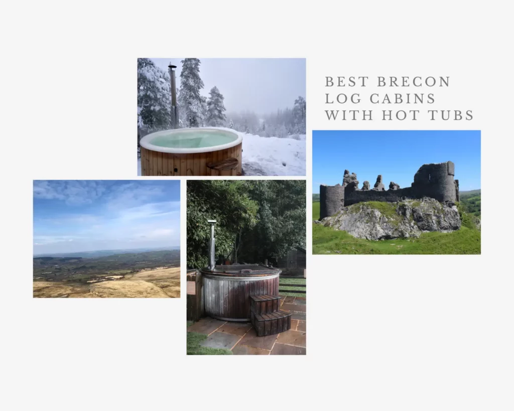 brecon log cabins with hot tubs-woodern hot tub, castle in summer, yellow fields- Brecon, Wales