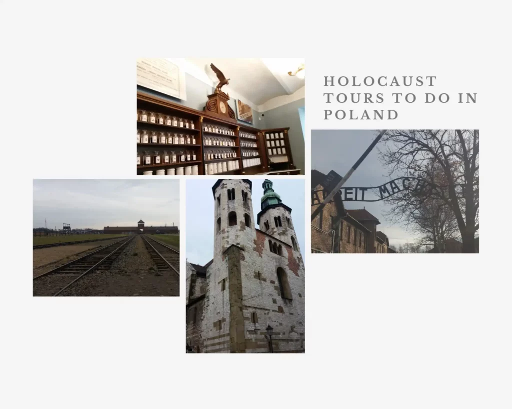 holocaust tours Poland-old buildings, historical pharmacy Krakow, Auschwitz sign