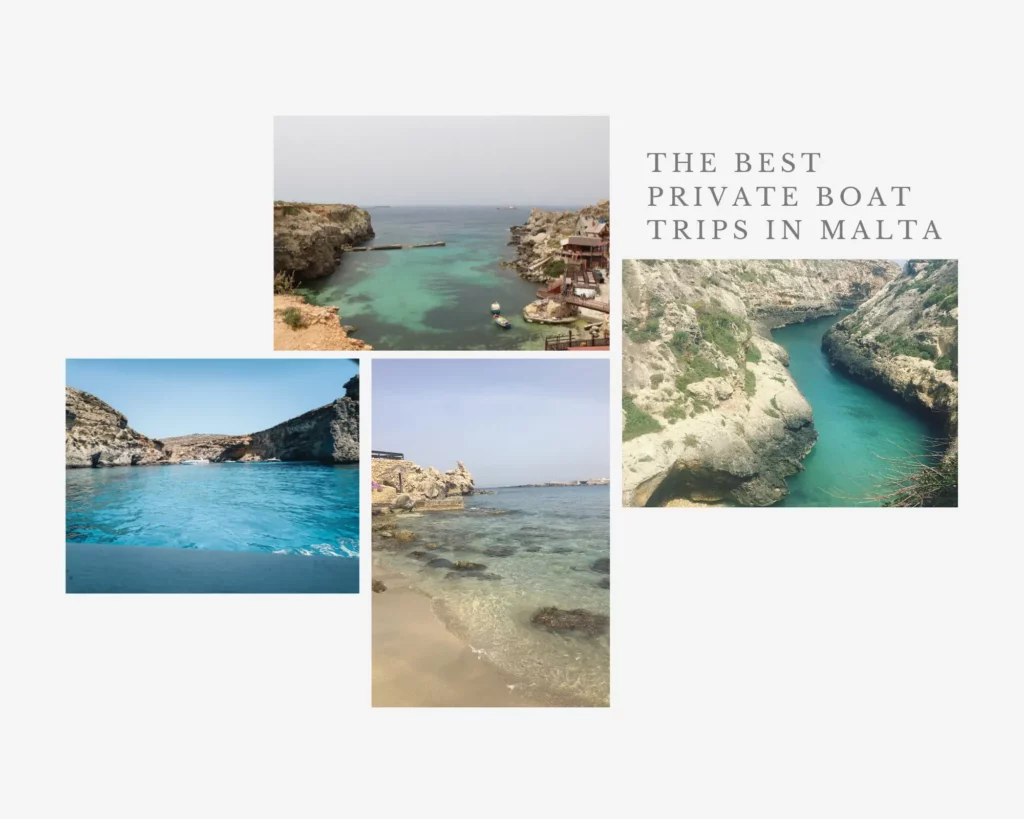 the best private boat tours Malta- blue waters, red roof popeye village, sand beach, Malta