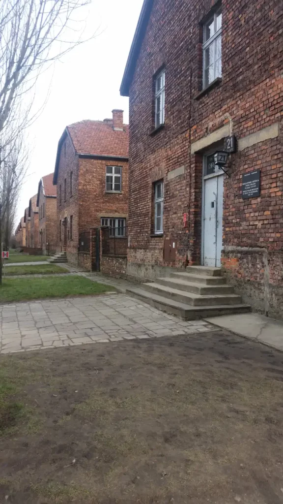 Auschwitz luxury tour from Krakow- tall brick buildings, steps, paved road, Auschwitz