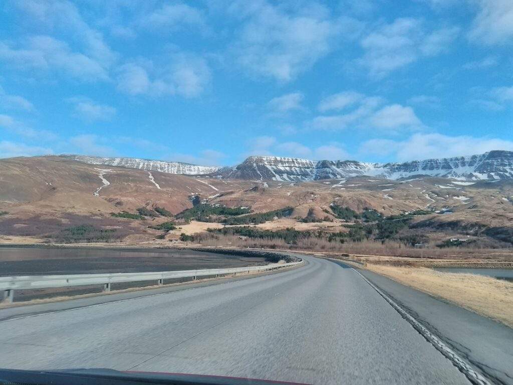 How far is Vik from Reykjavik? the ring road around Iceland is wide and grey with amazing blue skies and mountain views around