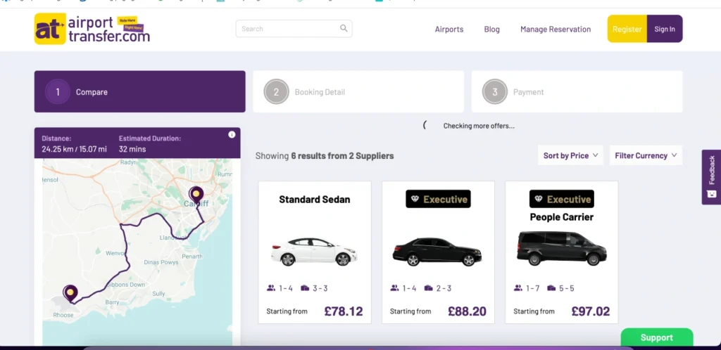 Website page showing Private Airport transfer options to Cardiff from Cardiff Airport. This is one of the quickest transfer options