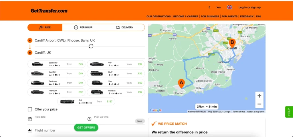 a map and car options for anyone looking to get a taxi from Cardiff Airport