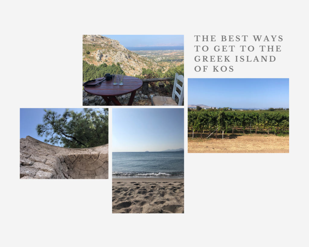 A collage of 4 different landscapes in Kos Greece. From the vineyards, golden beaches, historic buildings surrounded by olive trees and mountain views, it is worth visiting here and you easily can.
